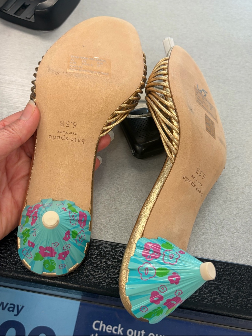 New kate spade Gold Metallic Knotted Tiki Sandals with Turquoise Floral Heel 6.5 - Picture 3 of 6